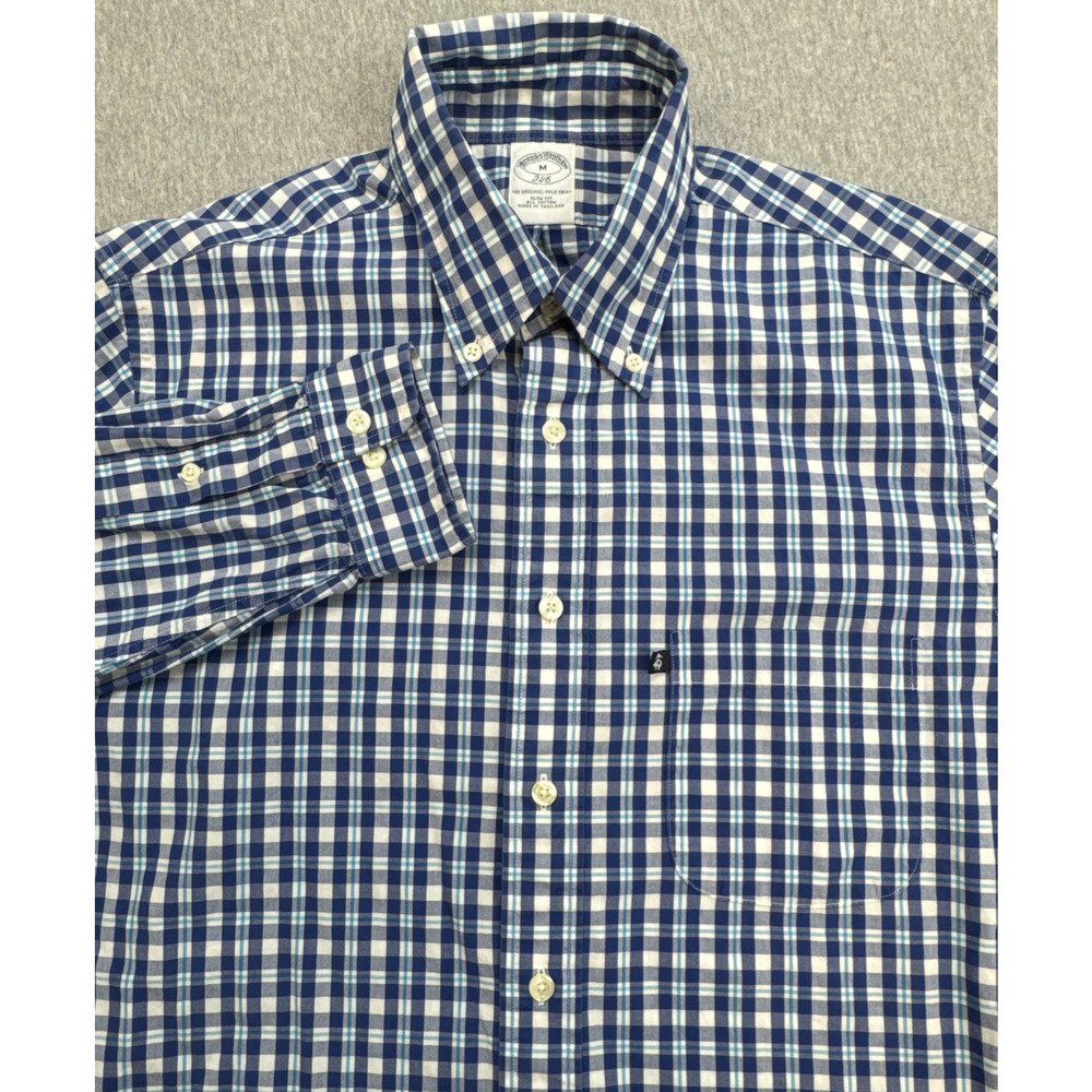 Brooks Brothers Shirt Mens Medium Check 100% Cotton 346 Slim Fit Button‎ Down